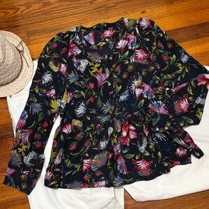 EUC J. Crew Navy Floral 100% Silk Blouse